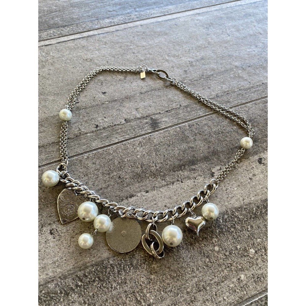 RACHEL Necklace Statement Collar Dangles Charms Faux Pearls Hearts Silver Tone